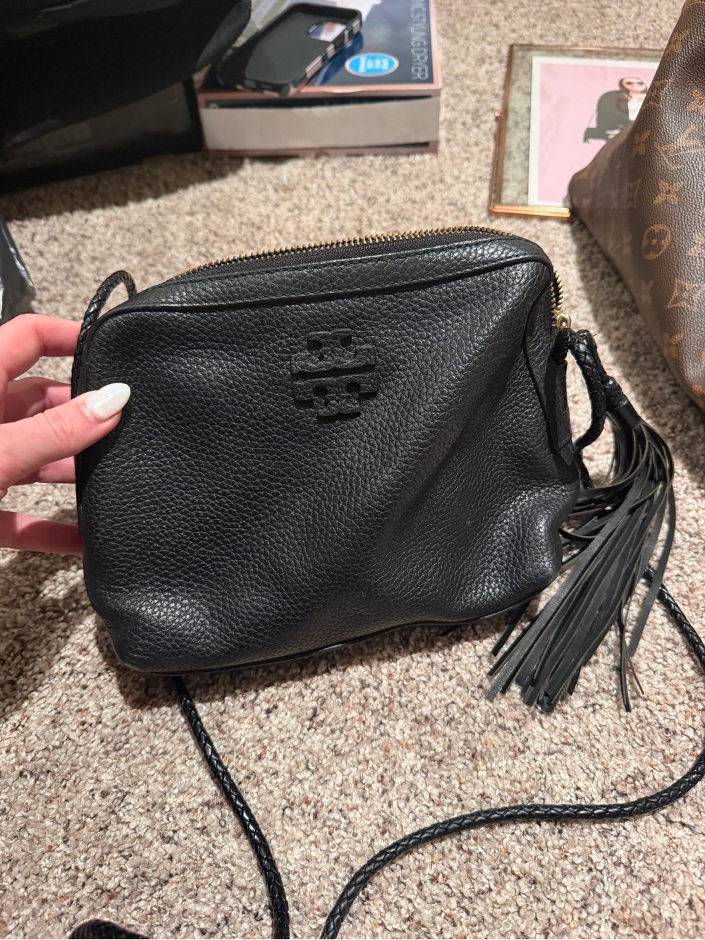 Tory Burch Black Pebbled Leather Crossbody with Tassel Braided Strap